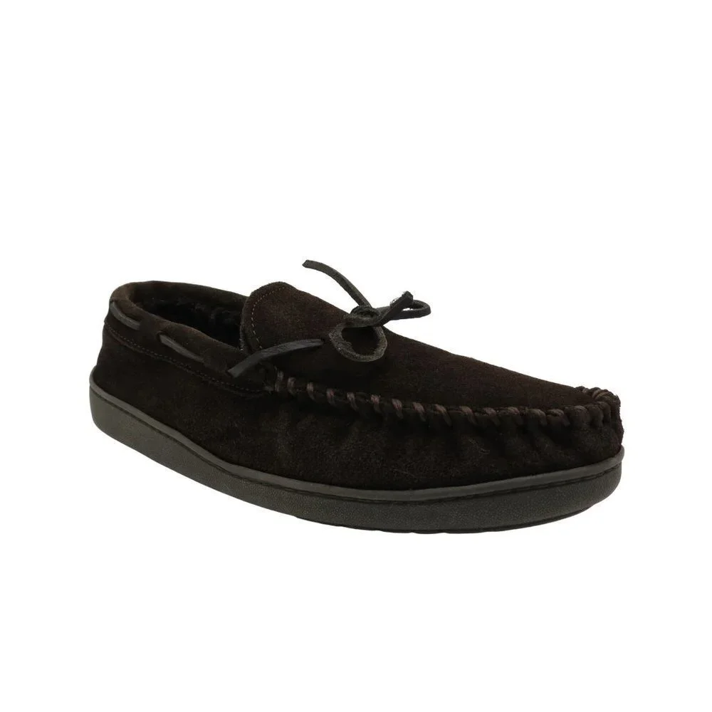 MINNETONKA Men's Dark Brown Suede Pile Lined Hardsole Moccasin Slippers 10
